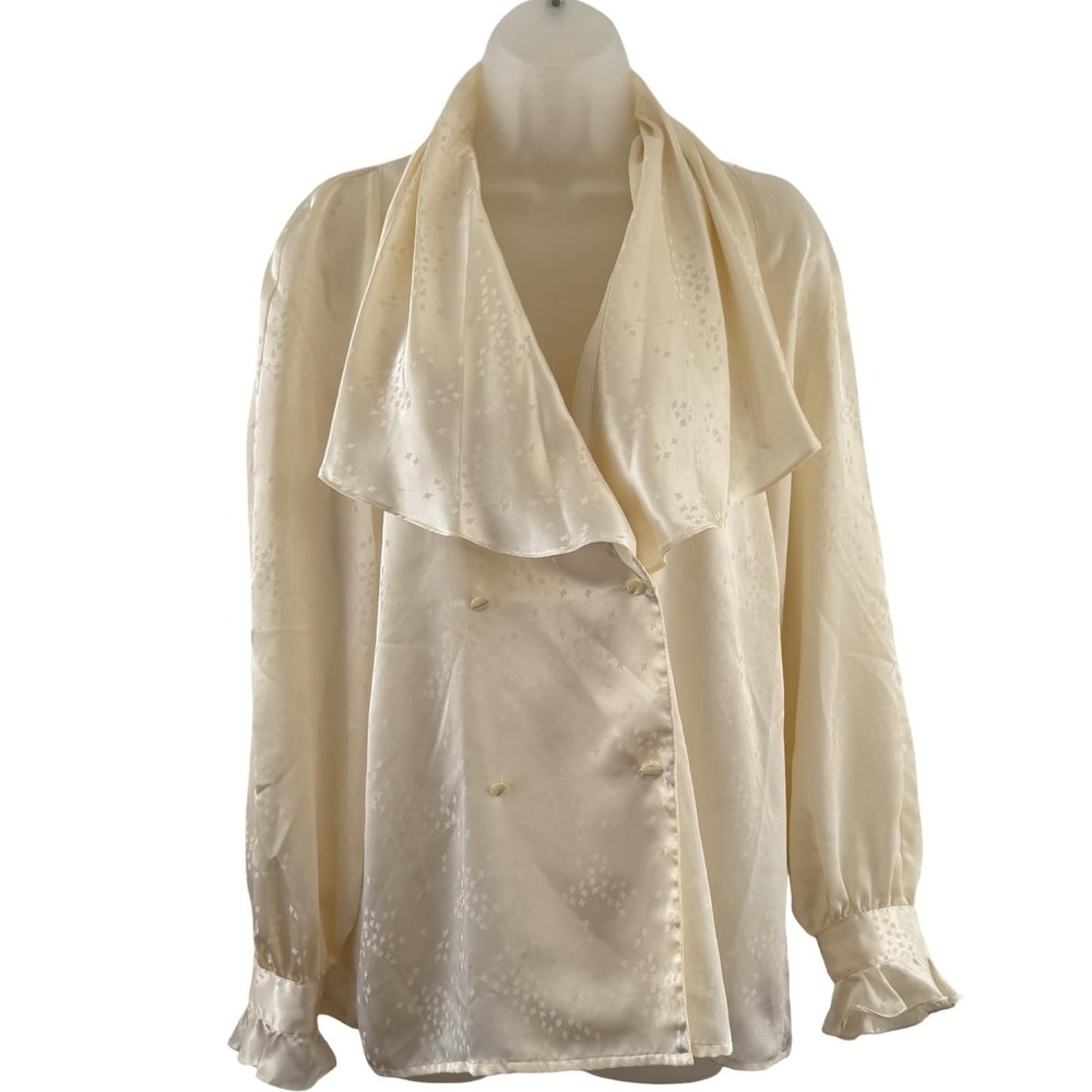 Vintage Lloyd Williams White Satin Jacquard Draped Blouse Romantic Cottagecore 8